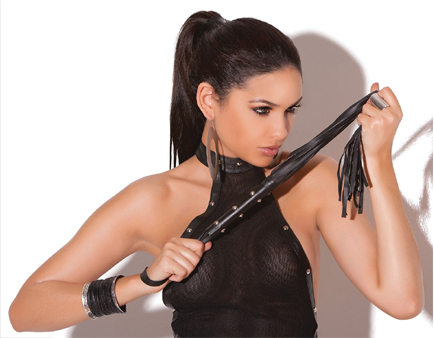 Black leather whip with studs